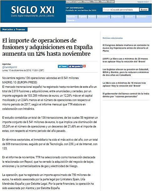 El importe de operaciones de fusiones y adquisiciones en Espaa aumenta un 12% hasta noviembre
